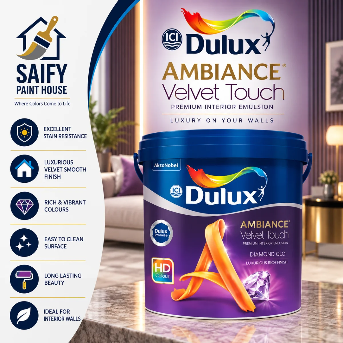 ICI Dulux Ambiance VT Diamond Glo high-gloss wall finish — available at Saify Paint House Karachi