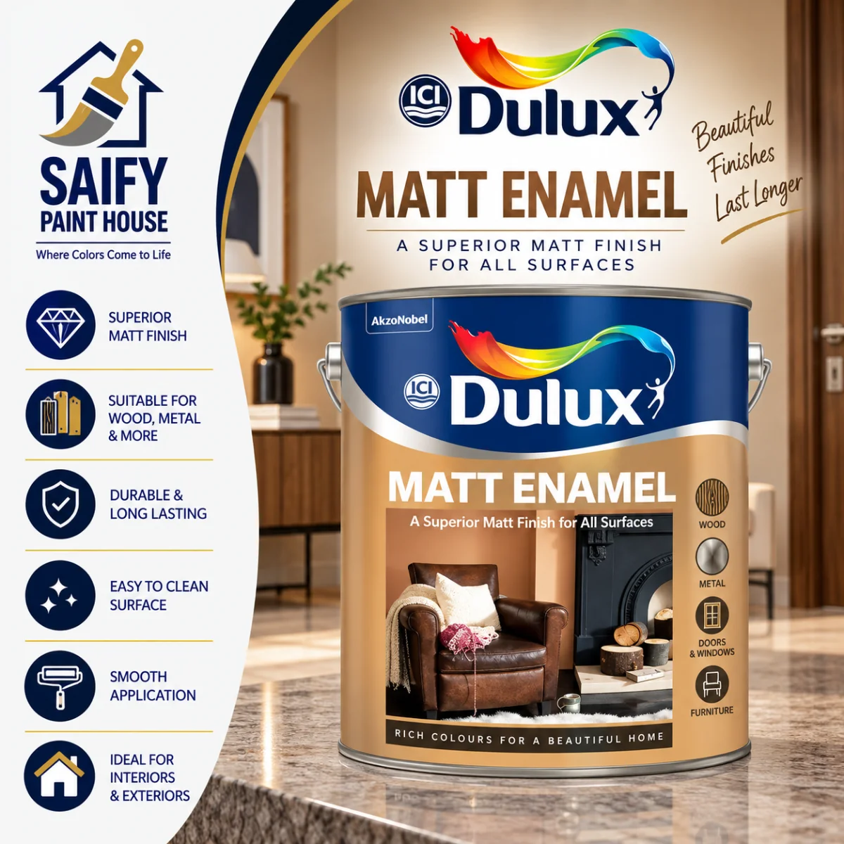 ICI Dulux Matt Enamel solvent-based matt finish — available at Saify Paint House Karachi