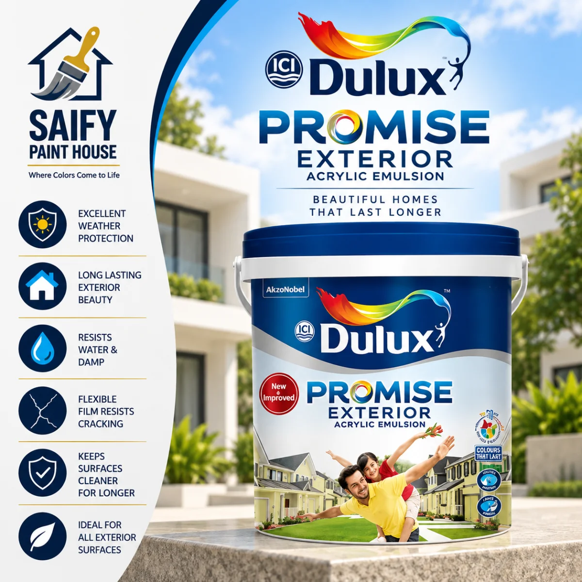 ICI Dulux Promise Exterior Emulsion weather-resistant paint — available at Saify Paint House Karachi