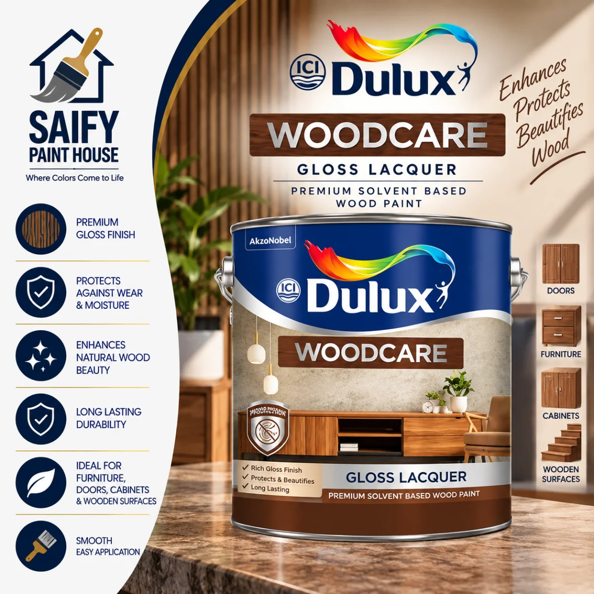 ICI Dulux Woodcare Gloss Lacquer clear wood finish — available at Saify Paint House Karachi