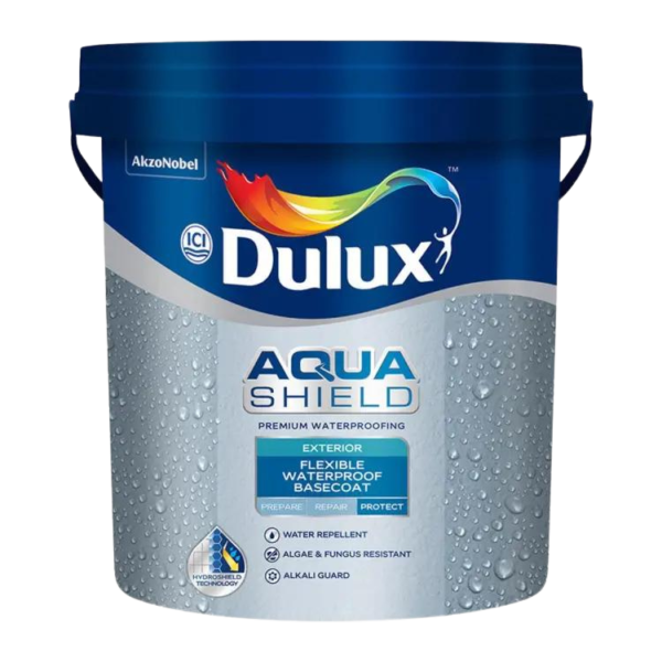 Dulux Aquashield Flexible Waterproof Basecoat container with a flexible, waterproof finish for surfaces.