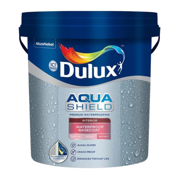 Dulux Aquashield Interior Waterproof Basecoat container with a waterproof finish for interior surfaces.