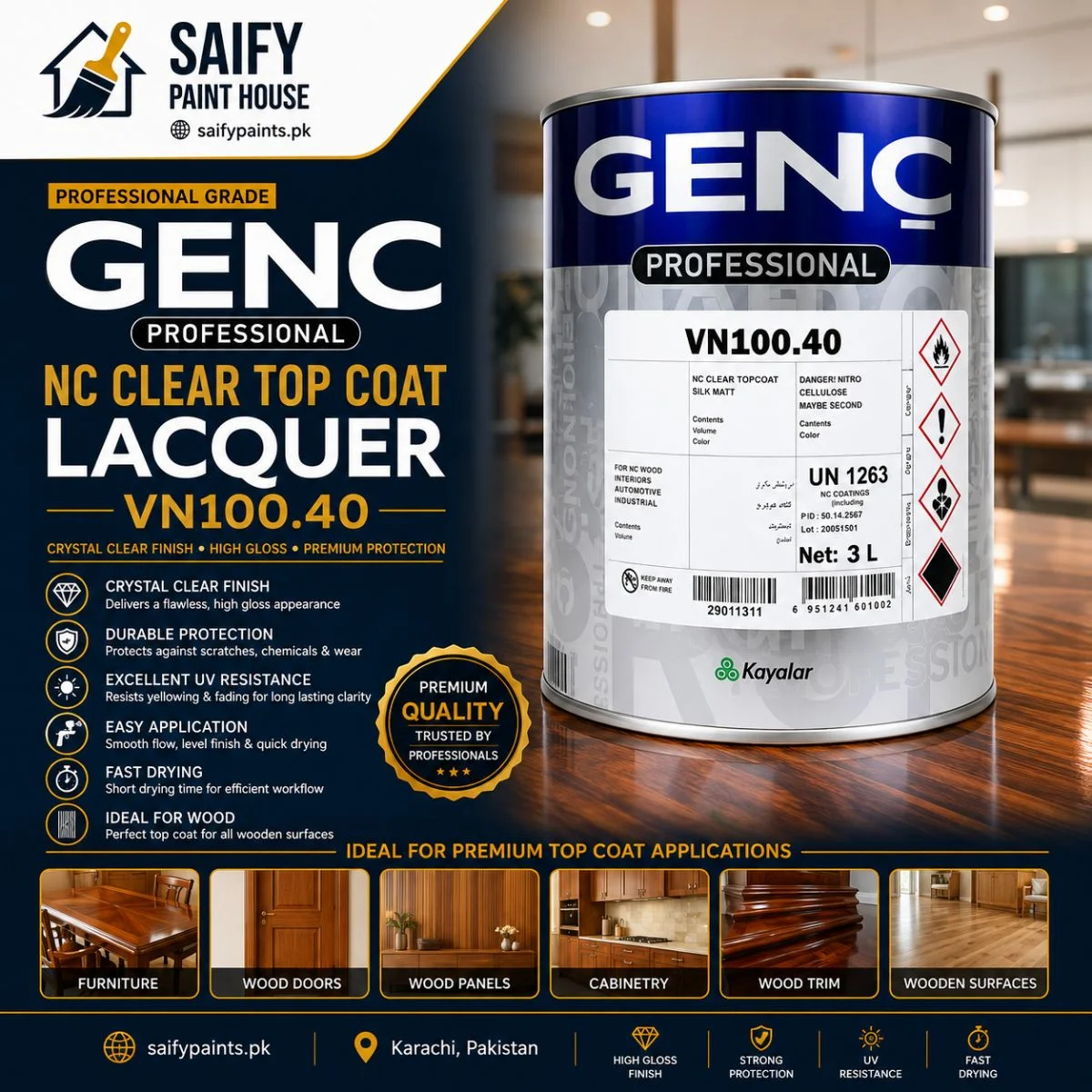 Genc NC Clear Top Coat VN100.40 — available at Saify Paint House Karachi