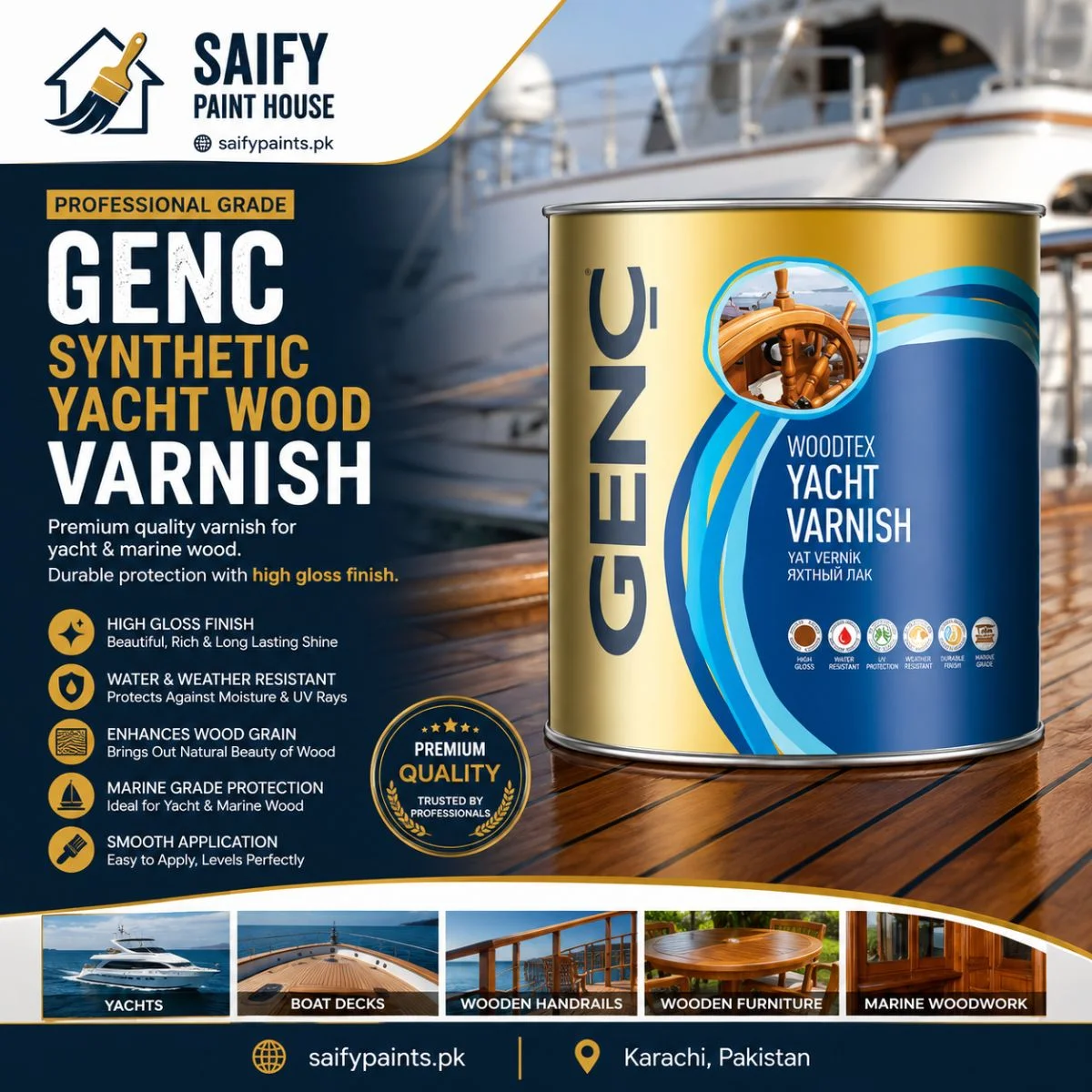 Genc Synthetic Yacht Wood Varnish — available at Saify Paint House Karachi