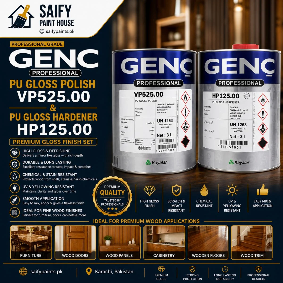 Genc PU Gloss Polish VP525 — available at Saify Paint House Karachi