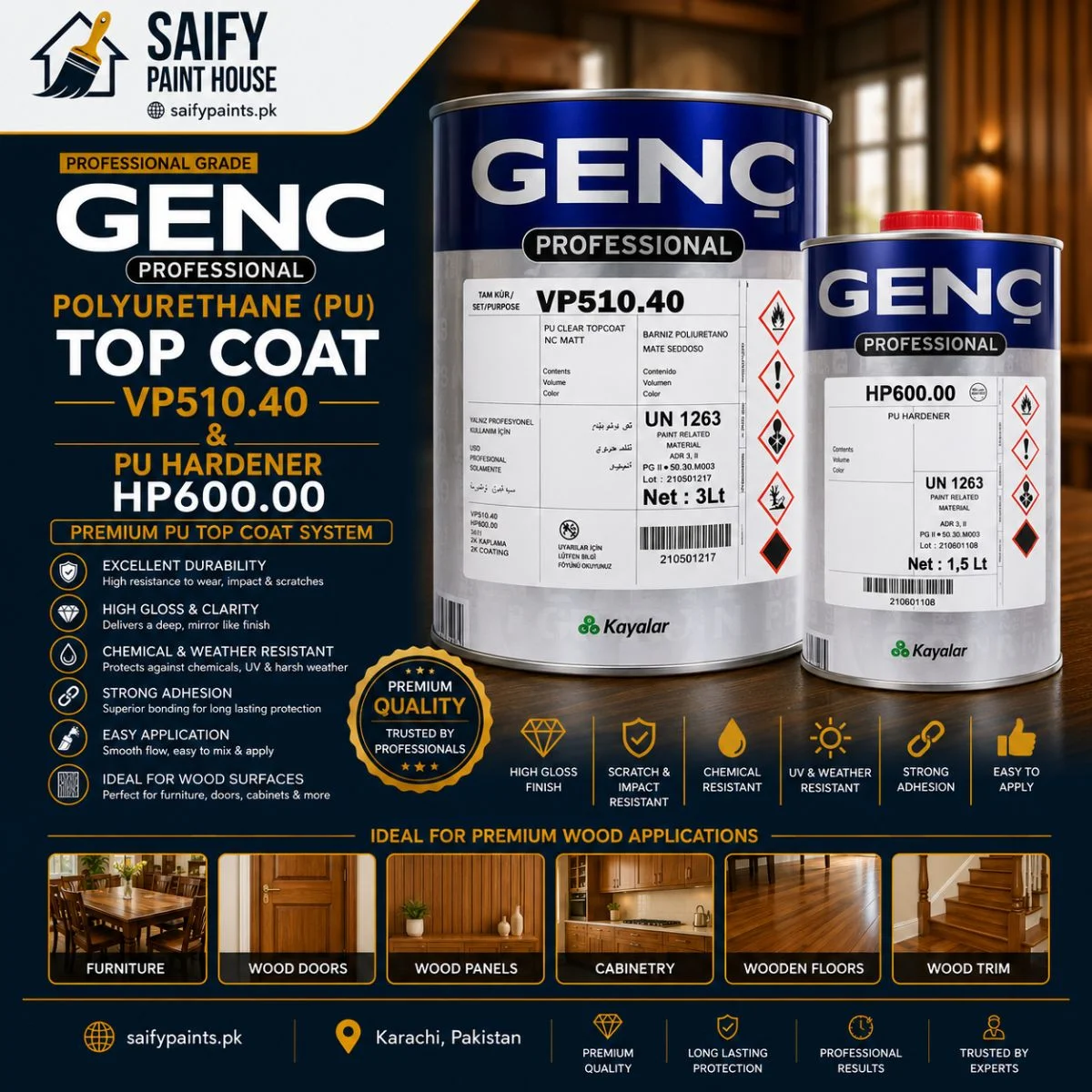 Genc PU Top Coat VP510.40 — available at Saify Paint House Karachi