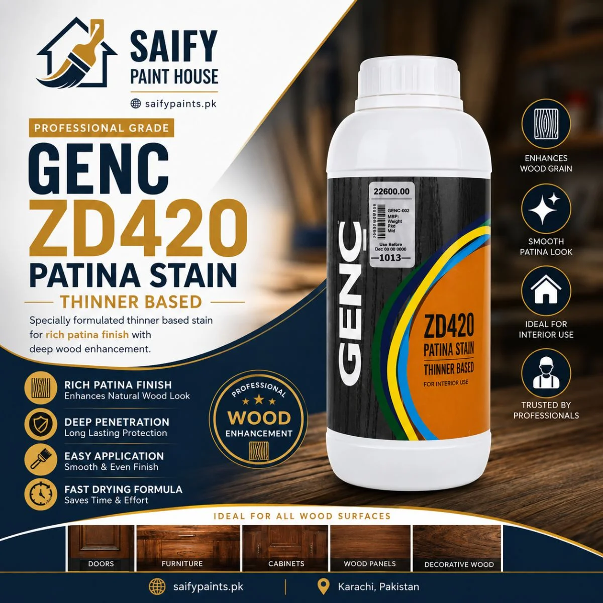 Genc ZD420 Patina Stain Thinner Based — available at Saify Paint House Karachi