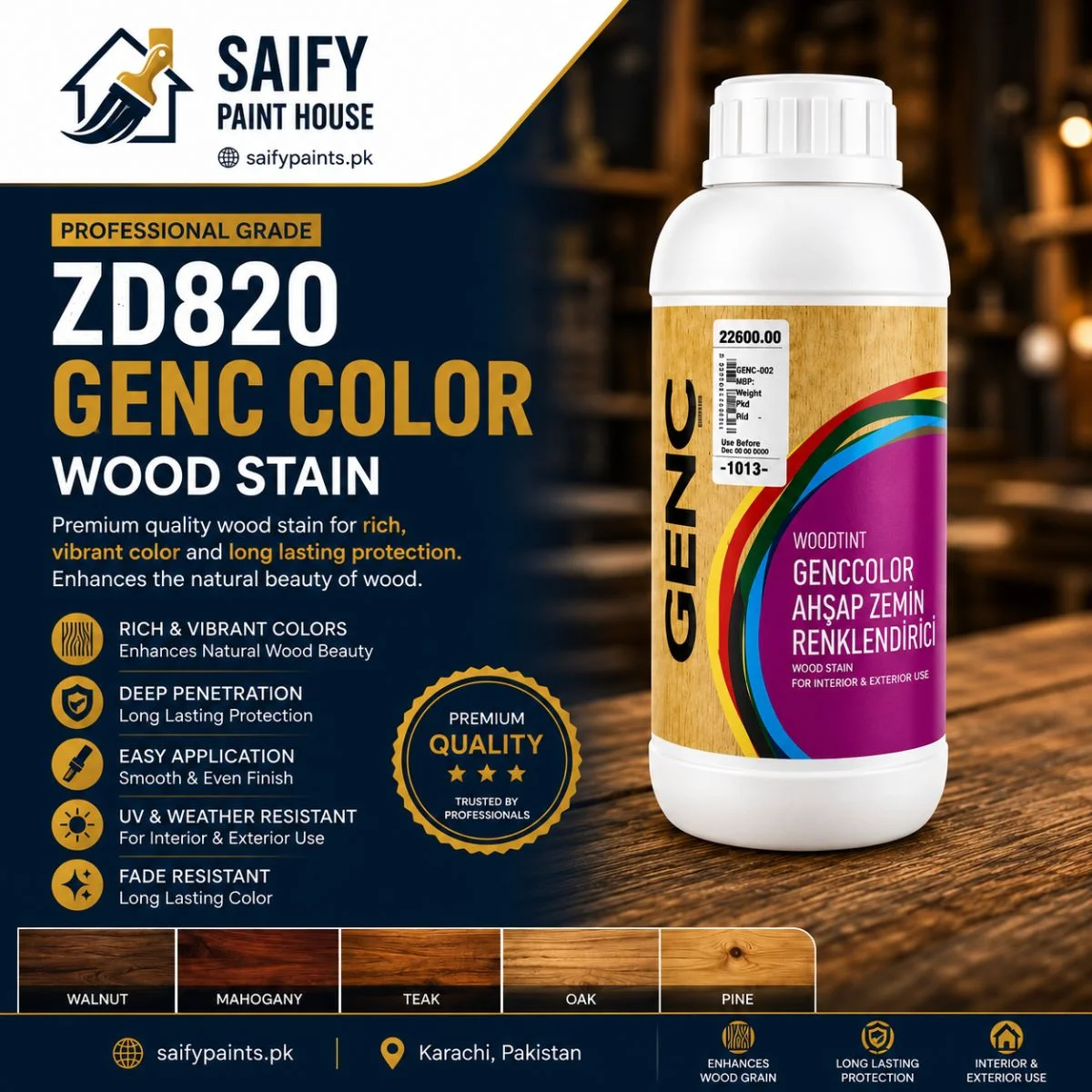 Genc ZD820 Color Wood Stain — available at Saify Paint House Karachi