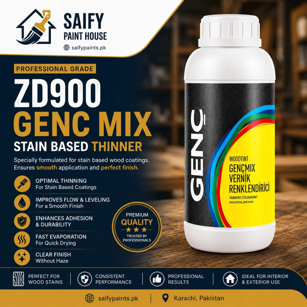 Genc ZD900 Mix Stain Based Thinner — available at Saify Paint House Karachi
