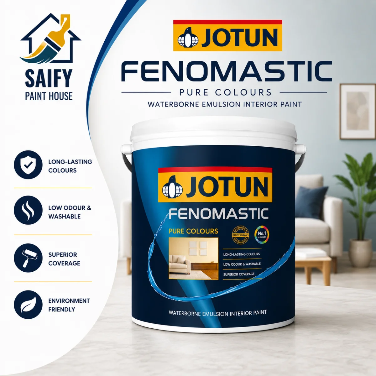 Jotun Fenomastic Pure Colours Emulsion Matt premium interior paint — available at Saify Paint House Karachi