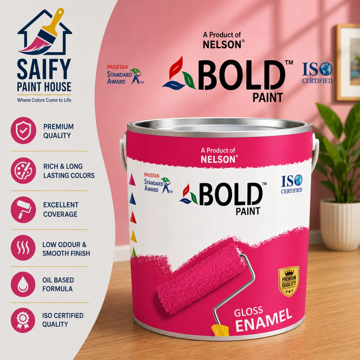 Nelson Bold Gloss Enamel high-gloss paint for wood and metal — available at Saify Paint House Karachi