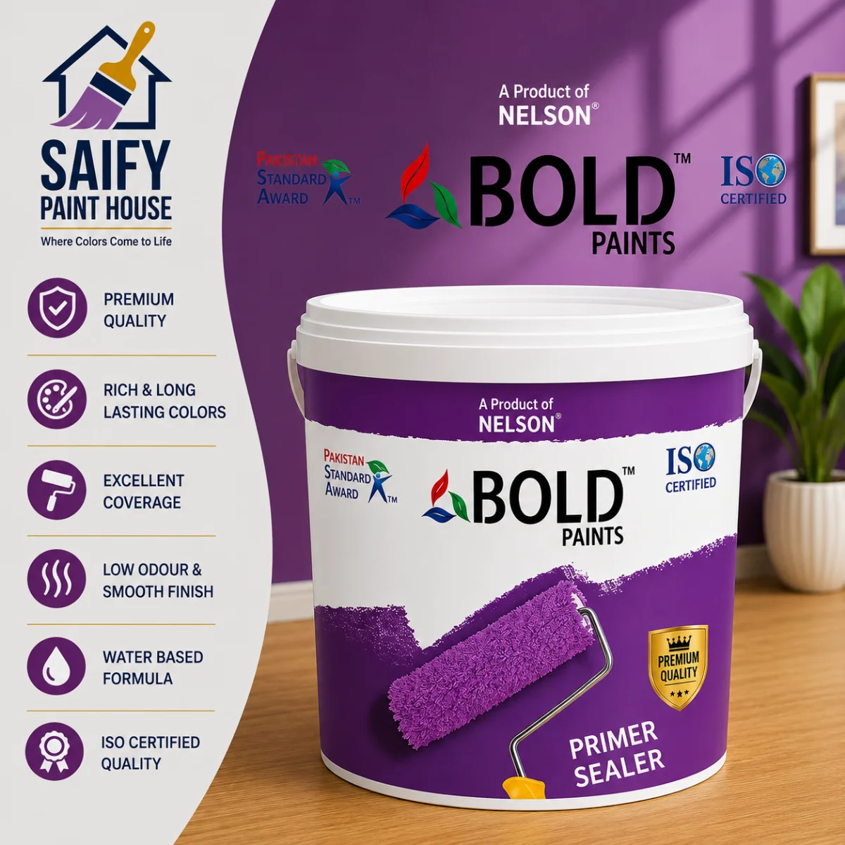 Nelson Bold Primer Sealer alkyd wall primer — available at Saify Paint House Karachi