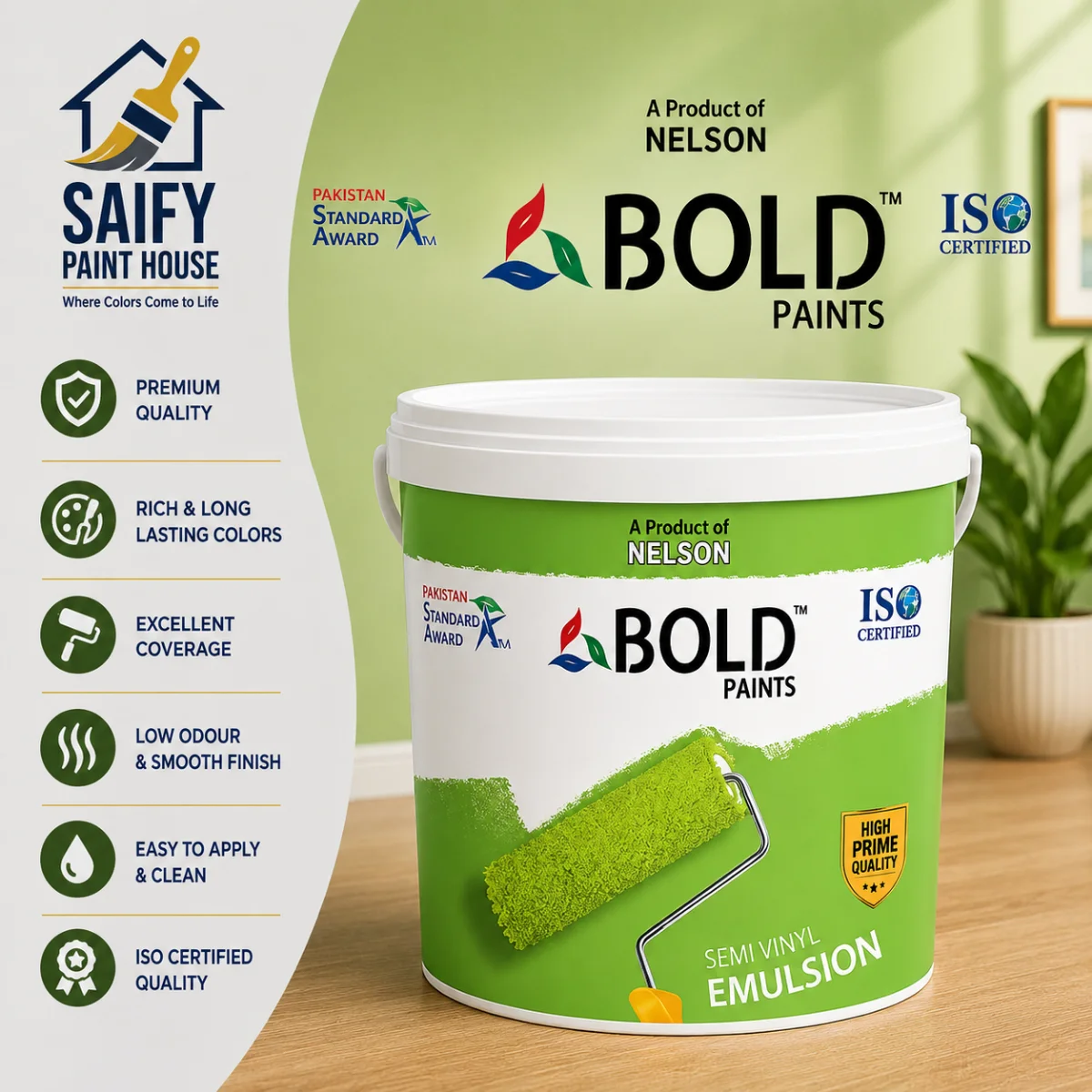 Nelson Bold Semi Vinyl Emulsion interior wall paint — available at Saify Paint House Karachi