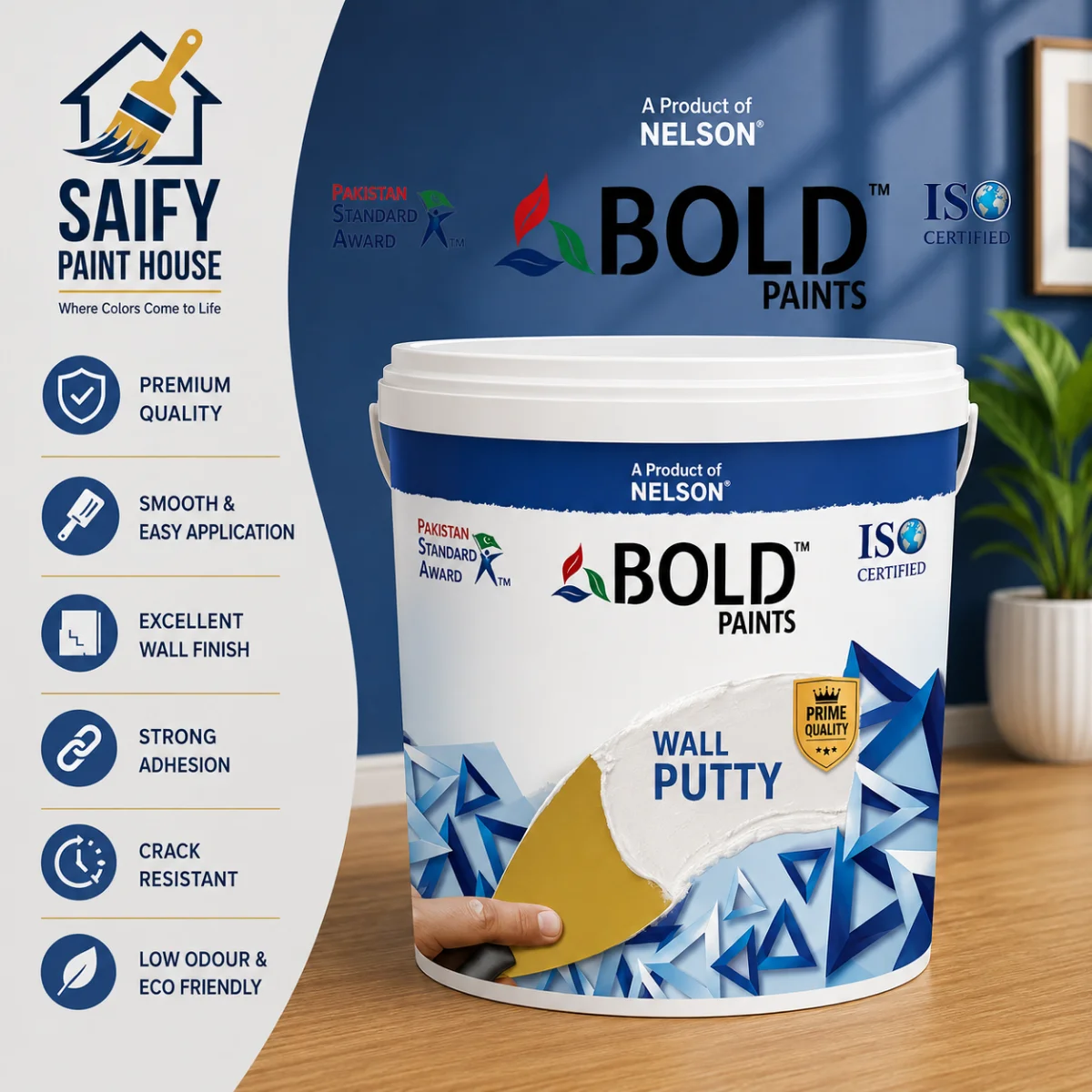 Nelson Bold Wall Putty acrylic wall filler — available at Saify Paint House Karachi