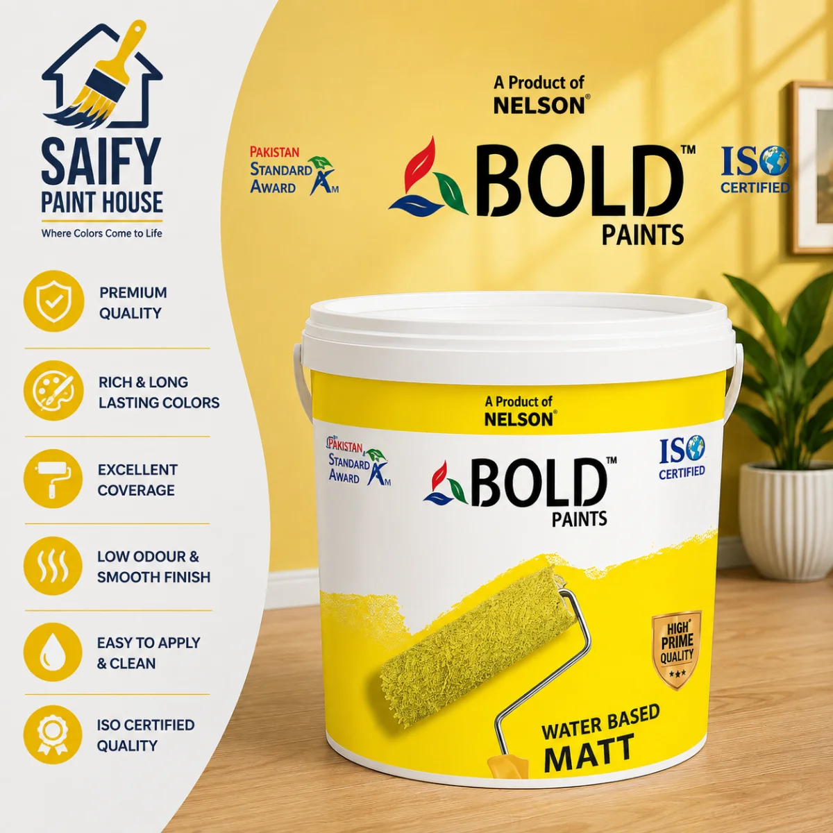 Nelson Bold Water Based Matt stain-resistant interior paint — available at Saify Paint House Karachi