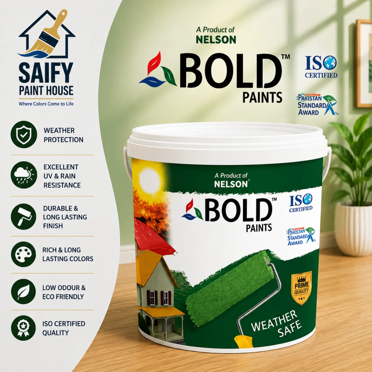 Nelson Bold Weather Safe acrylic exterior paint — available at Saify Paint House Karachi