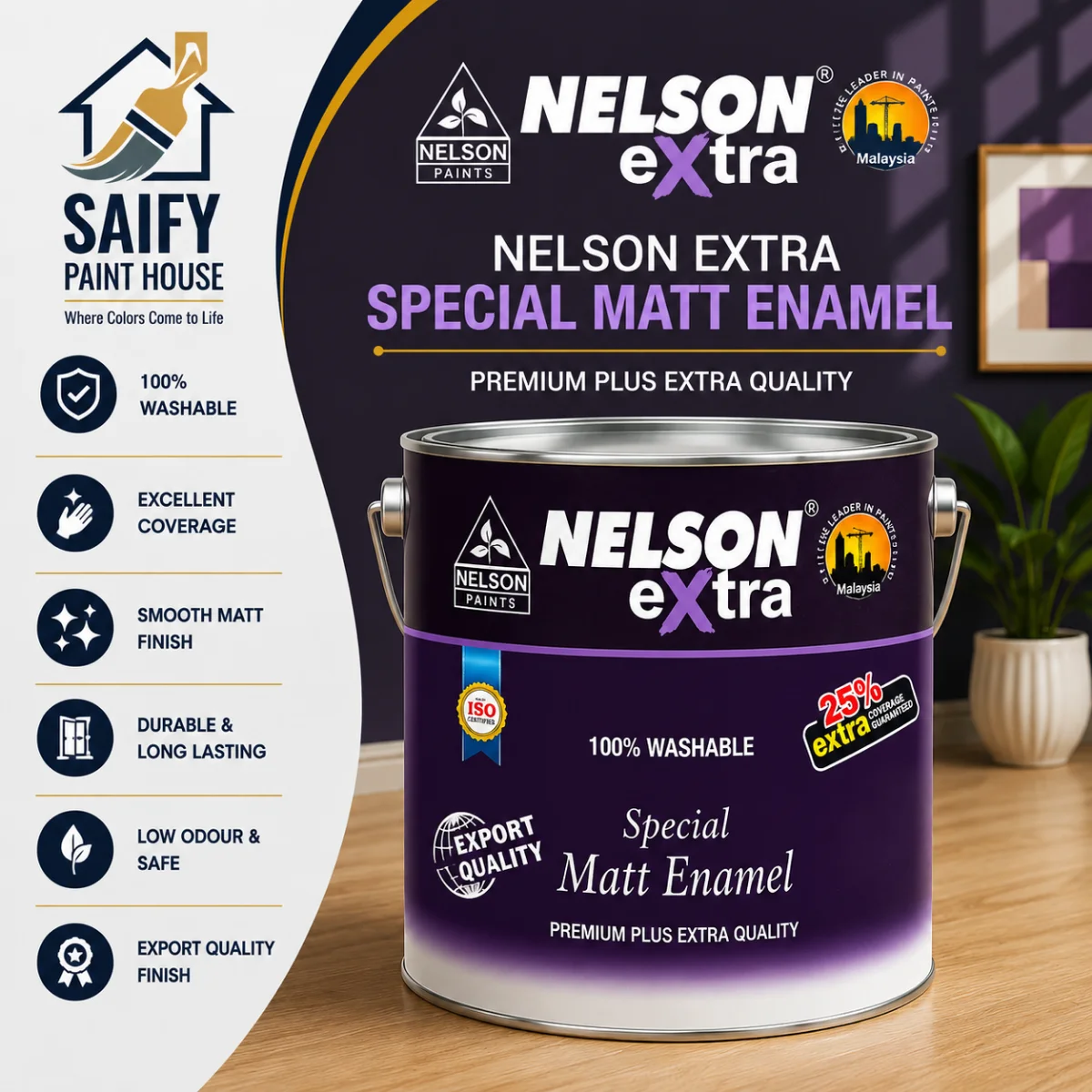 Nelson Extra Matt Finish Enamel premium matte enamel — available at Saify Paint House Karachi