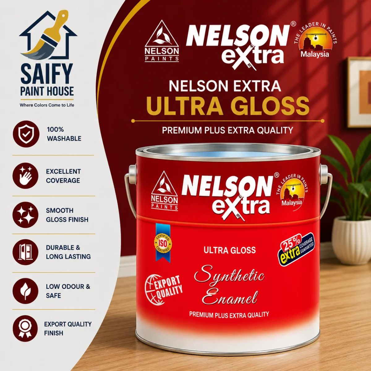 Nelson Extra Synthetic Enamel premium gloss enamel — available at Saify Paint House Karachi