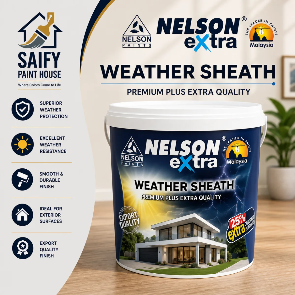 Nelson Extra Weather Sheath premium exterior paint — available at Saify Paint House Karachi