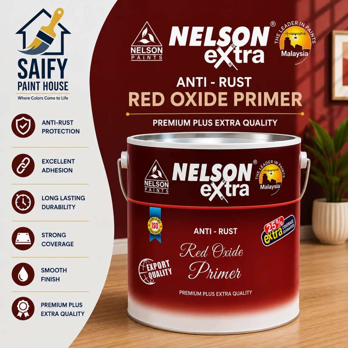 Nelson Red Oxide Primer rust-inhibiting metal primer — available at Saify Paint House Karachi