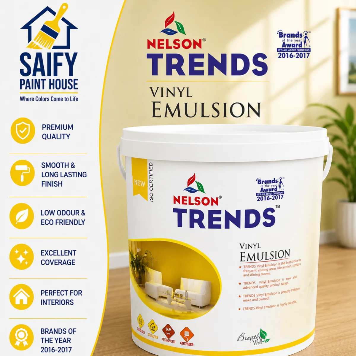Nelson Trends Vinyl Emulsion affordable interior paint — available at Saify Paint House Karachi