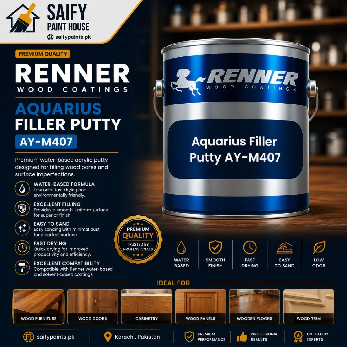 Renner Aquarius Filler Putty AY-M407 — available at Saify Paint House Karachi