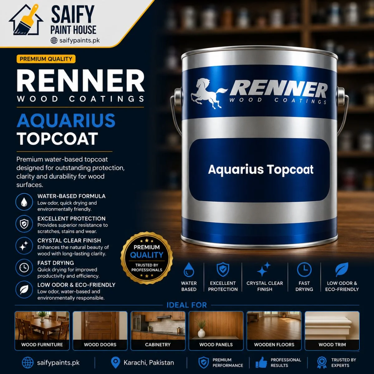 Renner Aquarius Topcoat — available at Saify Paint House Karachi