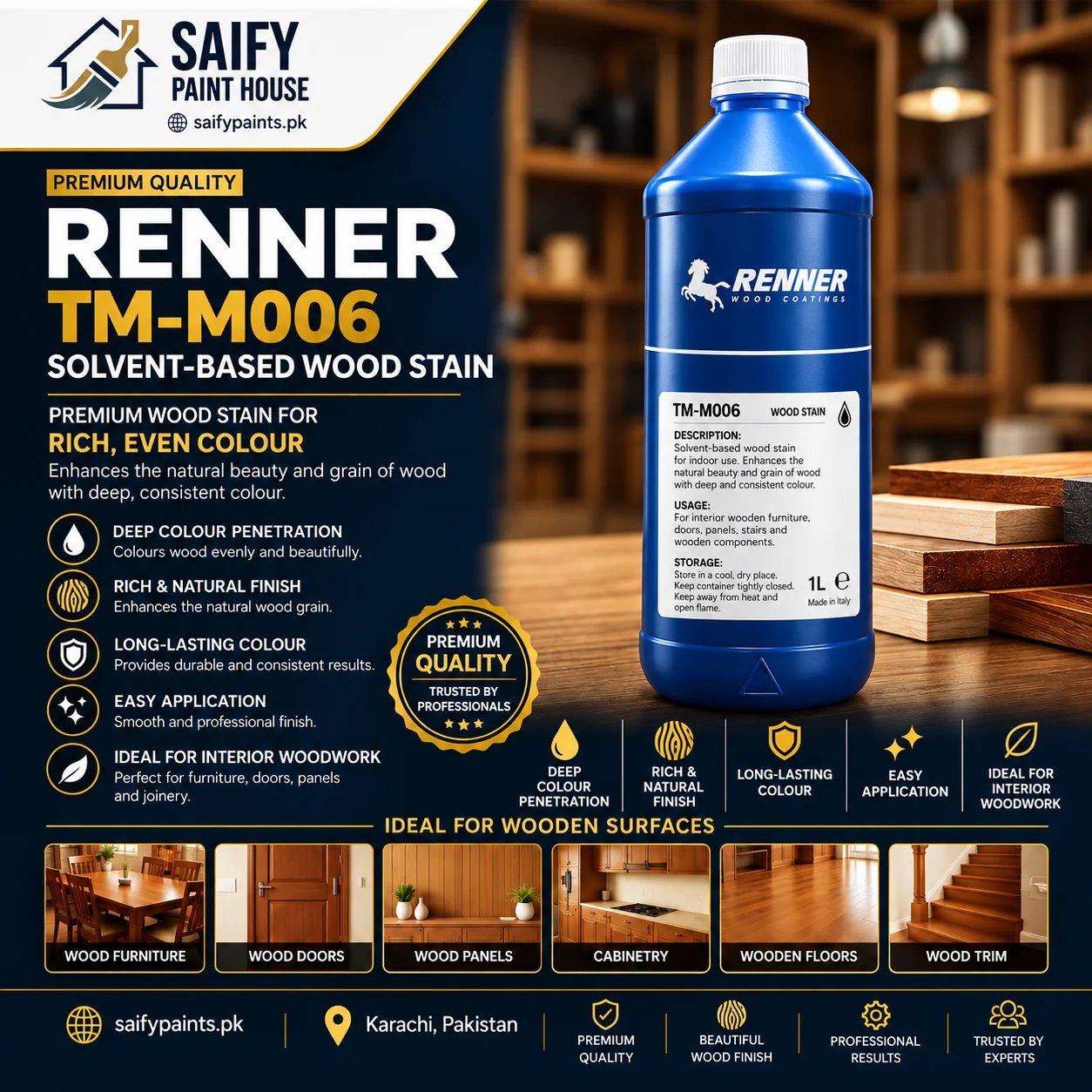 Renner TM-M006 Solvent-Based Wood Stain — available at Saify Paint House Karachi