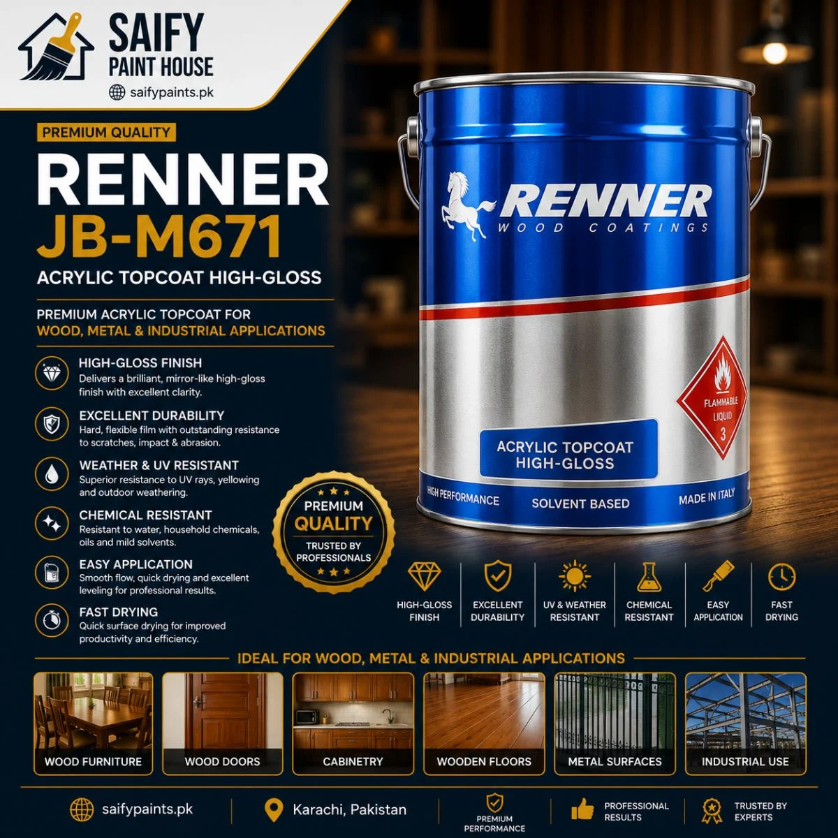 Renner Acrylic Topcoat JB-M671 — available at Saify Paint House Karachi