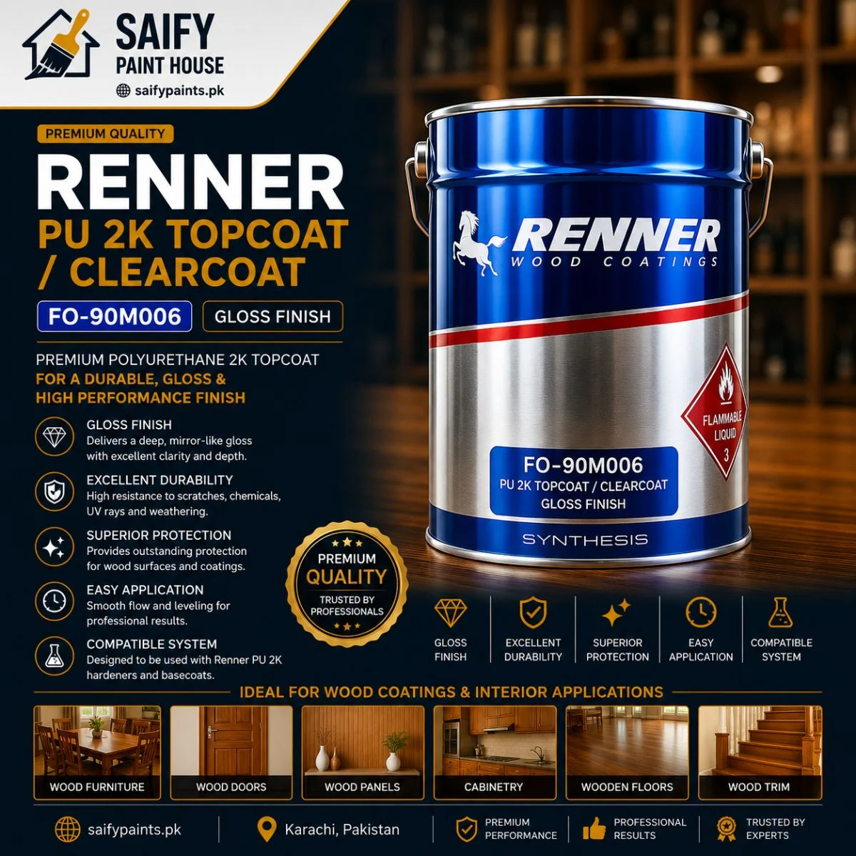 Renner PU 2K Topcoat FO-90M006 Gloss Finish — available at Saify Paint House Karachi