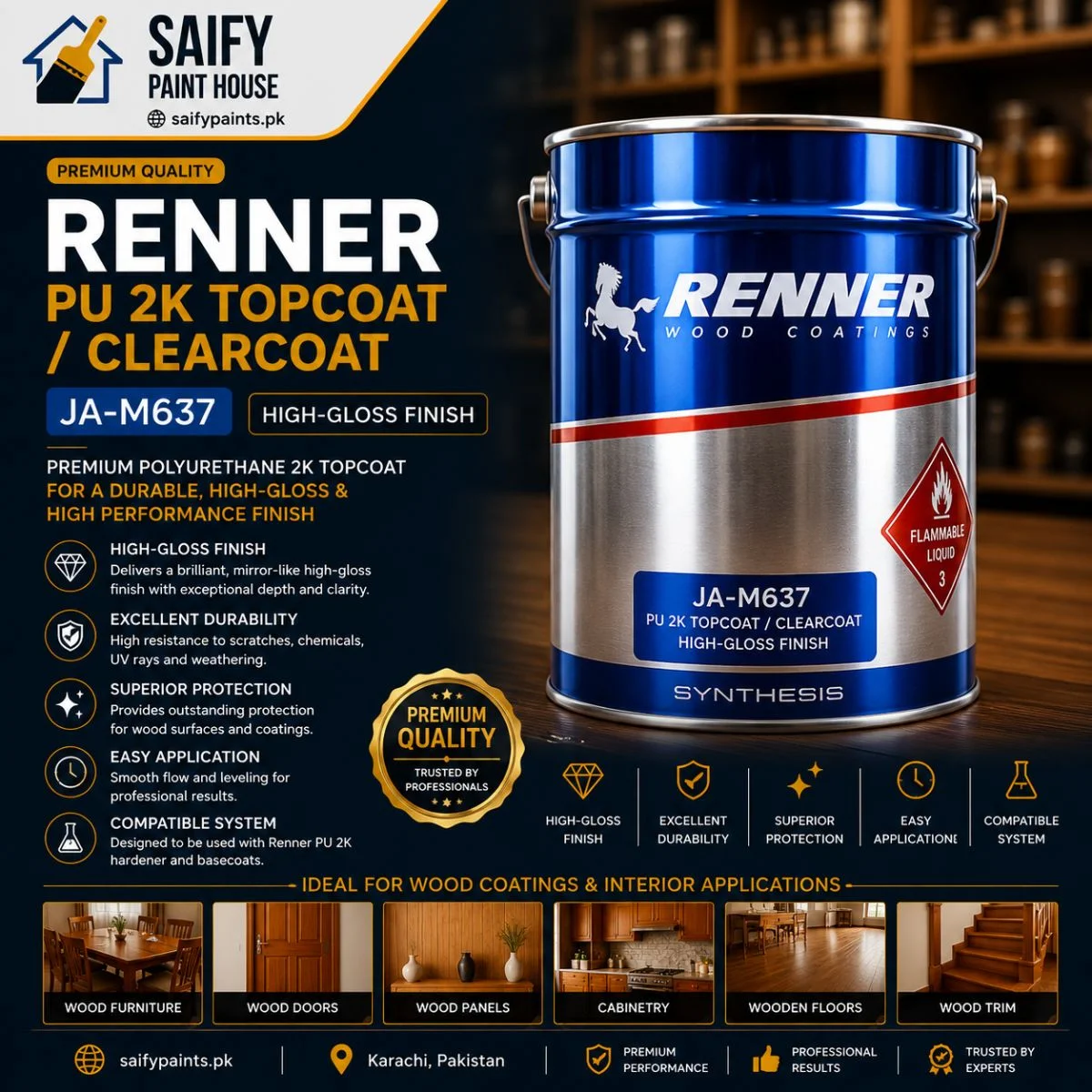 Renner PU 2K Topcoat JA-M637 High-Gloss Finish — available at Saify Paint House Karachi