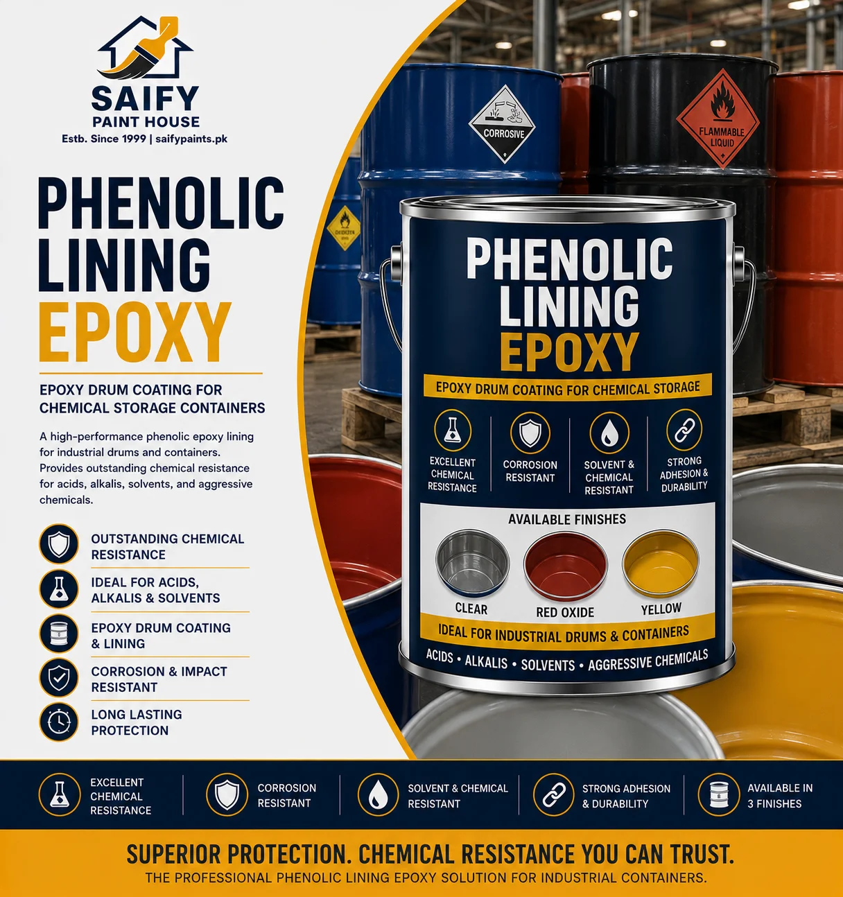 Phenolic Lining Epoxy for chemical storage drums — Saify Paint House Karachi