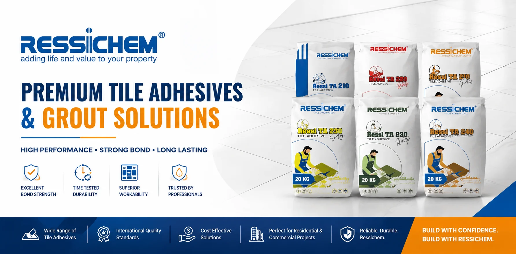 Ressichem tile adhesive and grout products — Ressi TA 210, TA 230, TA 240, epoxy grout — authorized dealer Saify Paint House Karachi