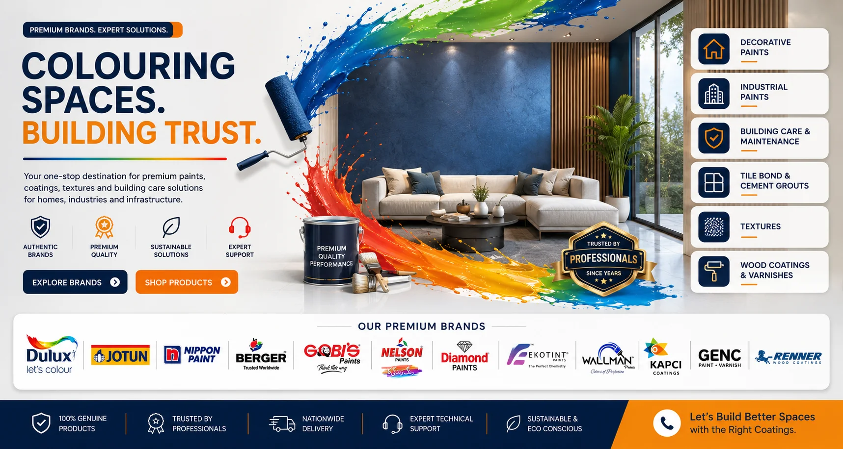 Saify Paint House Karachi — premium paint and coatings dealer featuring Dulux, Jotun, Nippon, Berger, Gobi's, Nelson, Diamond, Ekotint, Wallman, Kapci, Genc & Renner
