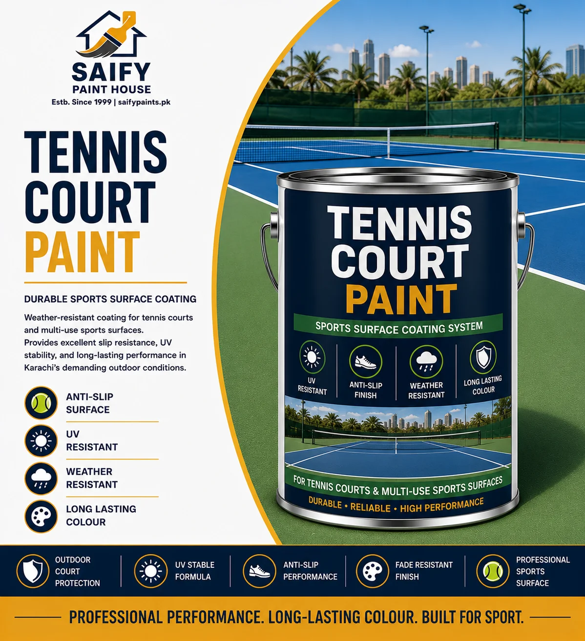 Tennis Court Paint weather-resistant sports surface coating — Saify Paint House Karachi