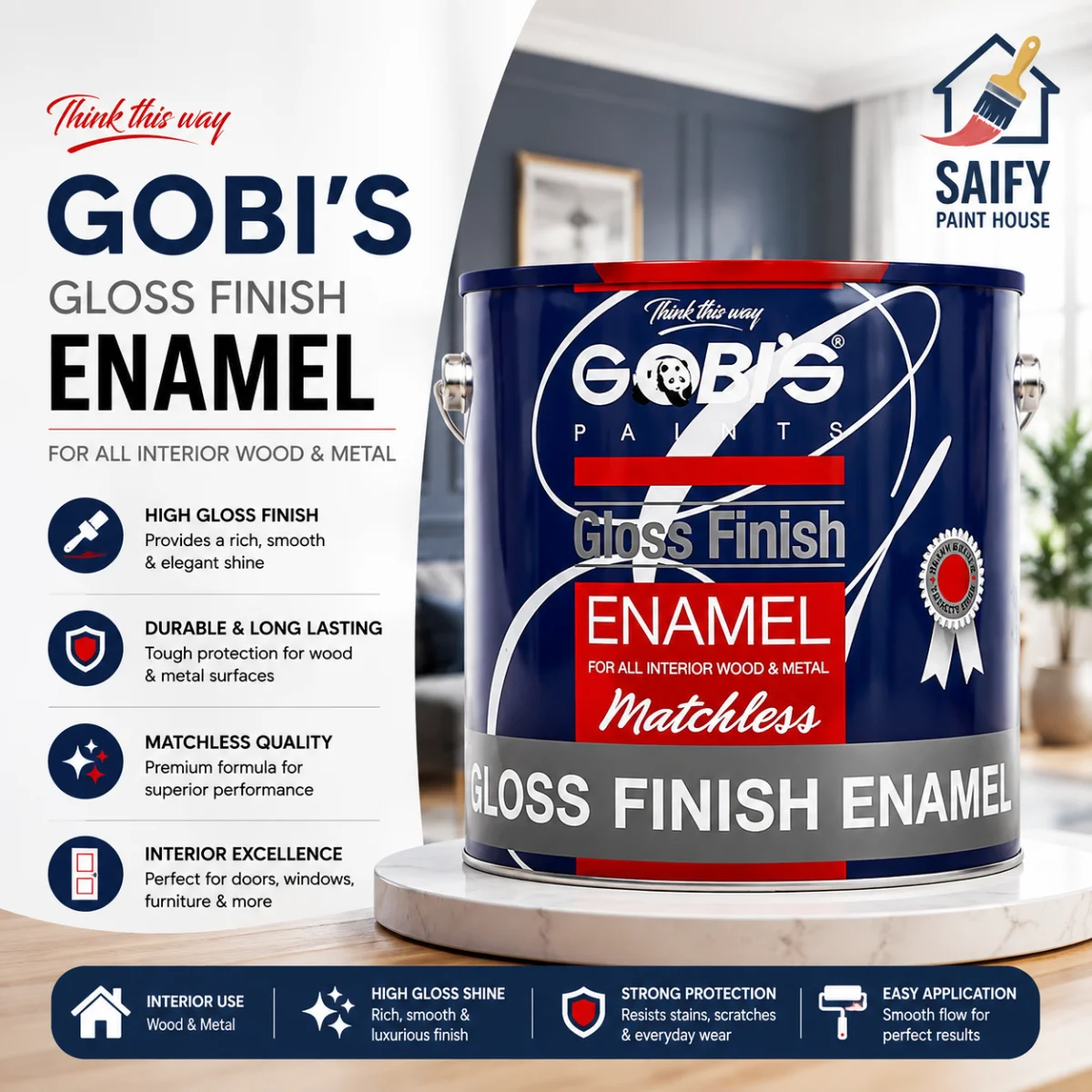 Gobi's Gloss Enamel high-gloss paint for wood and metal — available at Saify Paint House Karachi