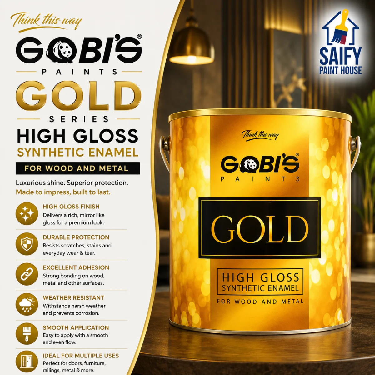 Gobi's Gold Enamel premium gloss paint for wood and metal — available at Saify Paint House Karachi