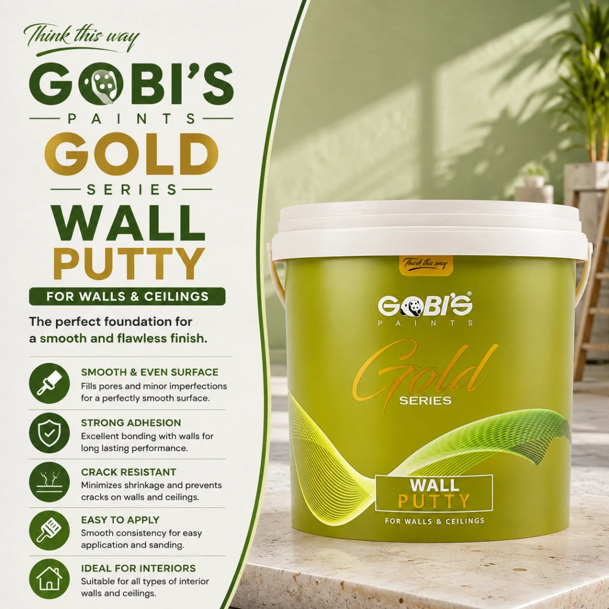Gobi's Gold Wall Putty premium water-based putty — available at Saify Paint House Karachi