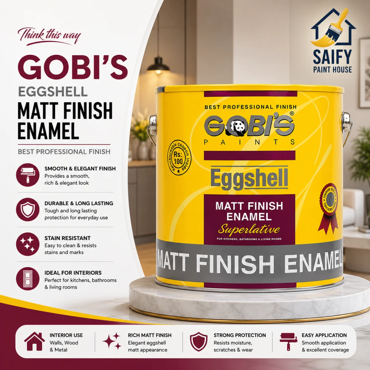 Gobi's Matt Finish Enamel non-reflective paint for wood and metal — available at Saify Paint House Karachi