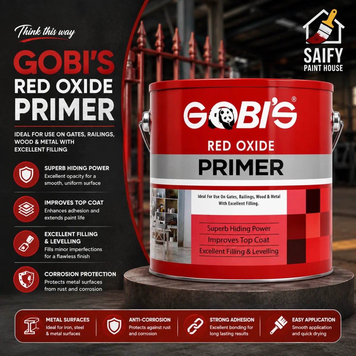 Gobi's Red Oxide Primer rust-inhibiting metal primer — available at Saify Paint House Karachi