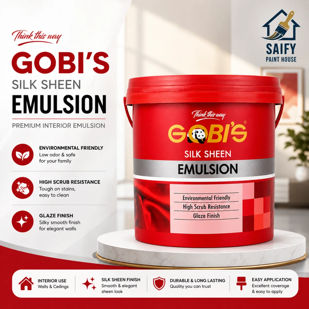 Gobi's Silk Sheen Vinyl Emulsion silk finish interior paint — available at Saify Paint House Karachi