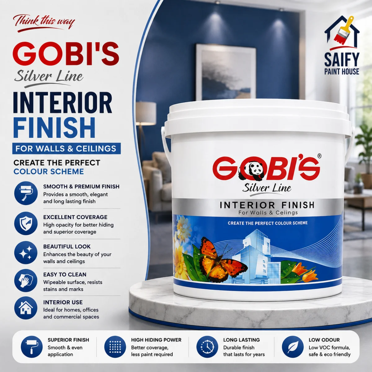 Gobi's Silverline Interior Emulsion matt wall finish — available at Saify Paint House Karachi