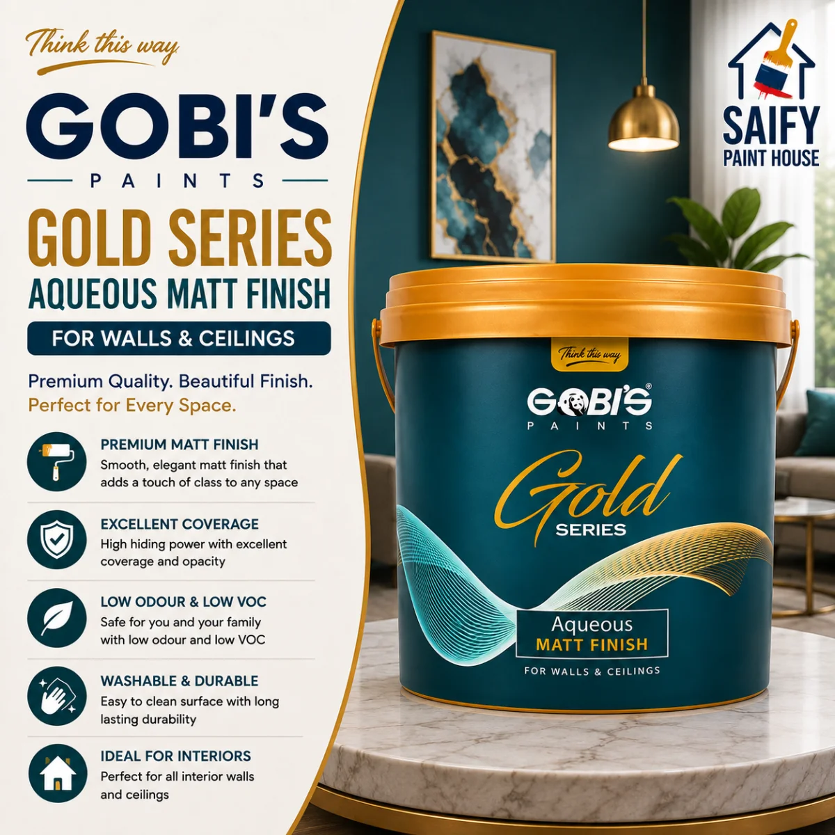 Gobi's Gold Aqueous Matt Finish premium matt emulsion — available at Saify Paint House Karachi.
