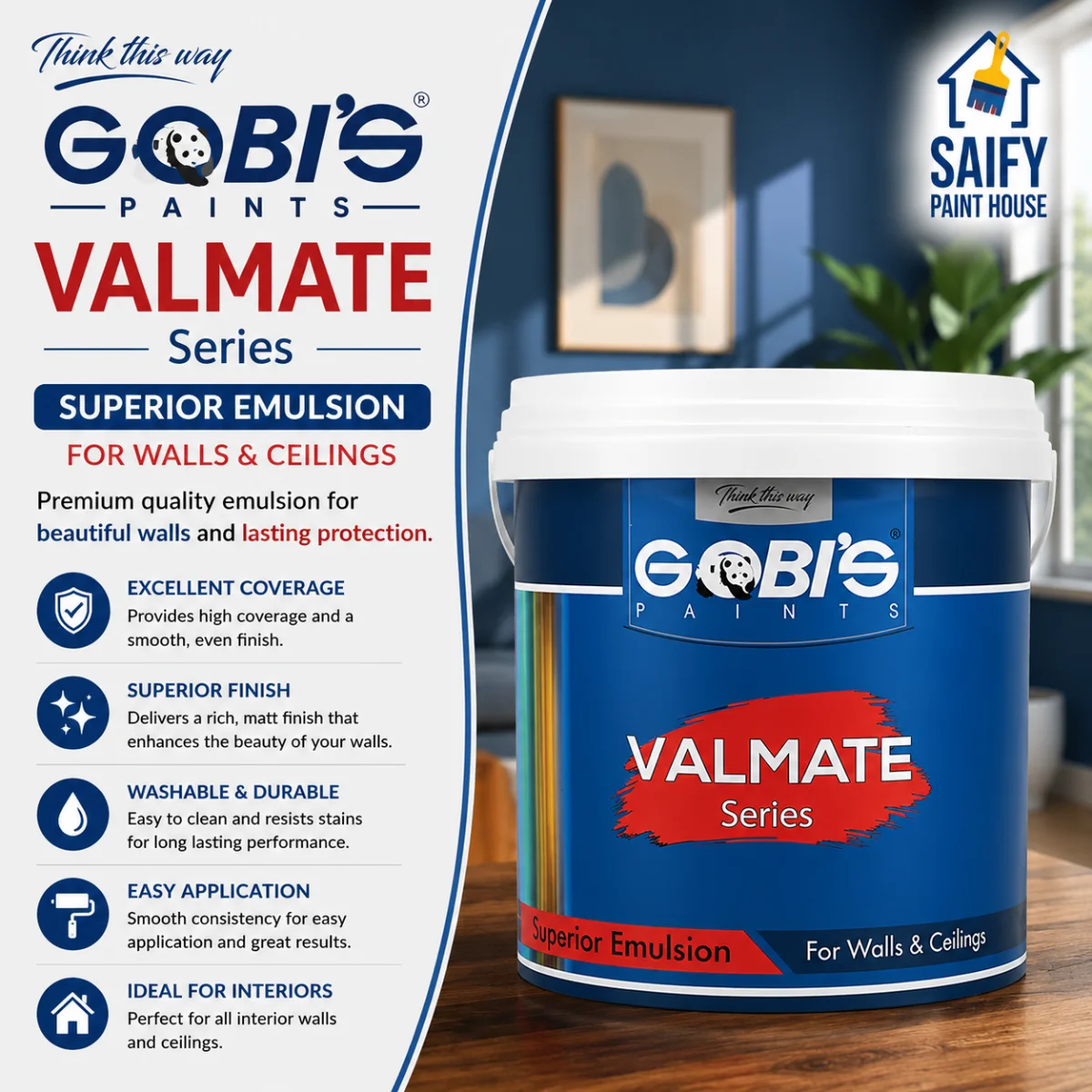 Gobi's Valmate Superior Emulsion interior matte emulsion — available at Saify Paint House Karachi