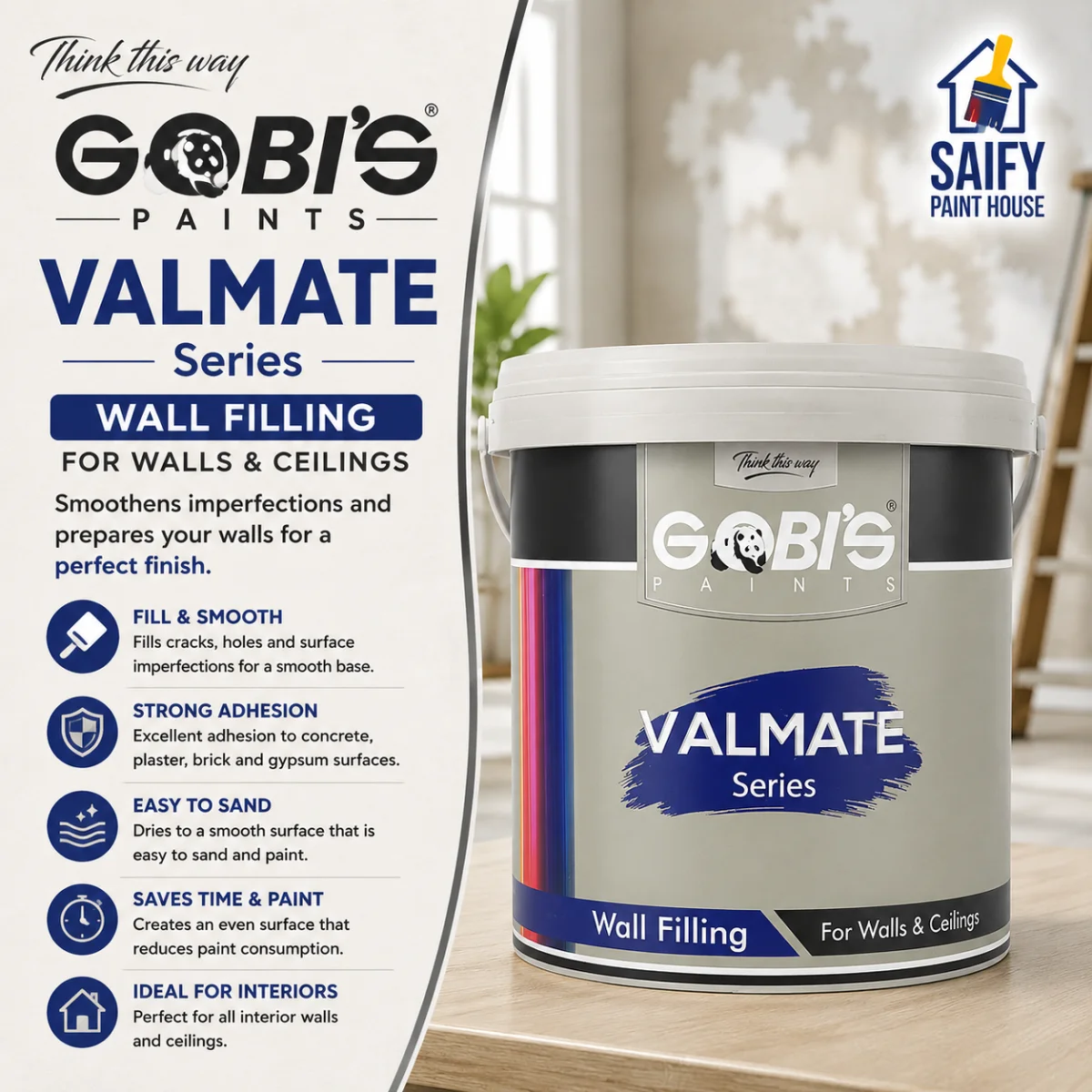 Gobi's Valmate Wall Filling water-based wall putty — available at Saify Paint House Karachi