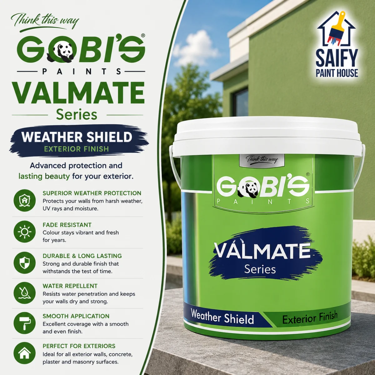 Gobi's Valmate Weather Shield exterior weather resistant paint — available at Saify Paint House Karachi
