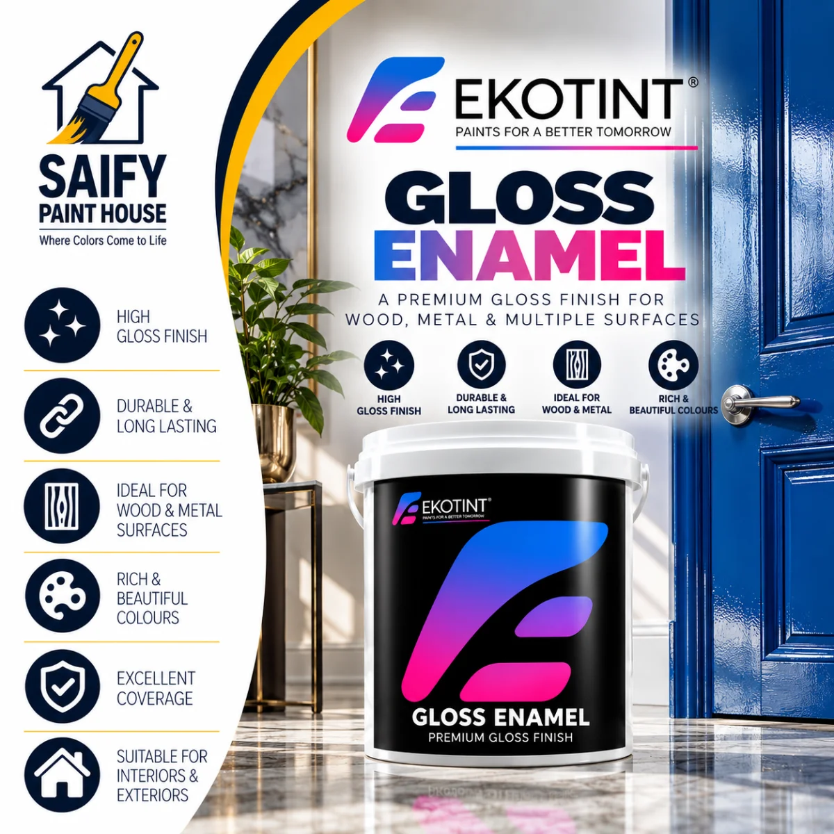 Ekotint Gloss Enamel oil-based high-gloss paint for wood and metal — available at Saify Paint House Karachi