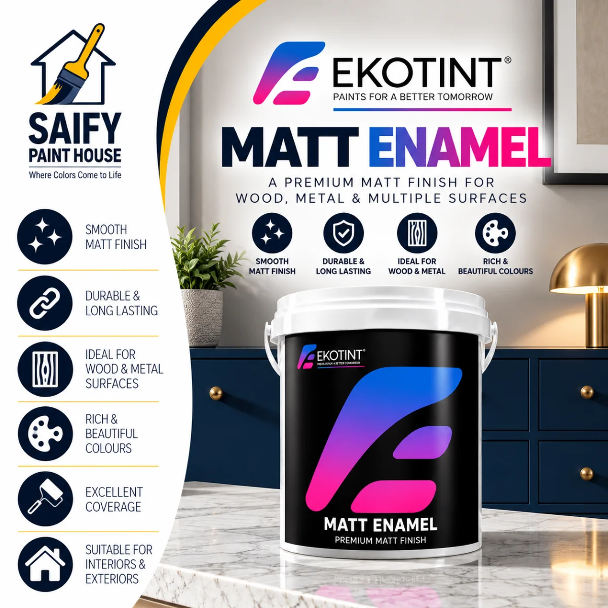 Ekotint Matt Enamel non-reflective enamel paint for wood and metal — available at Saify Paint House Karachi