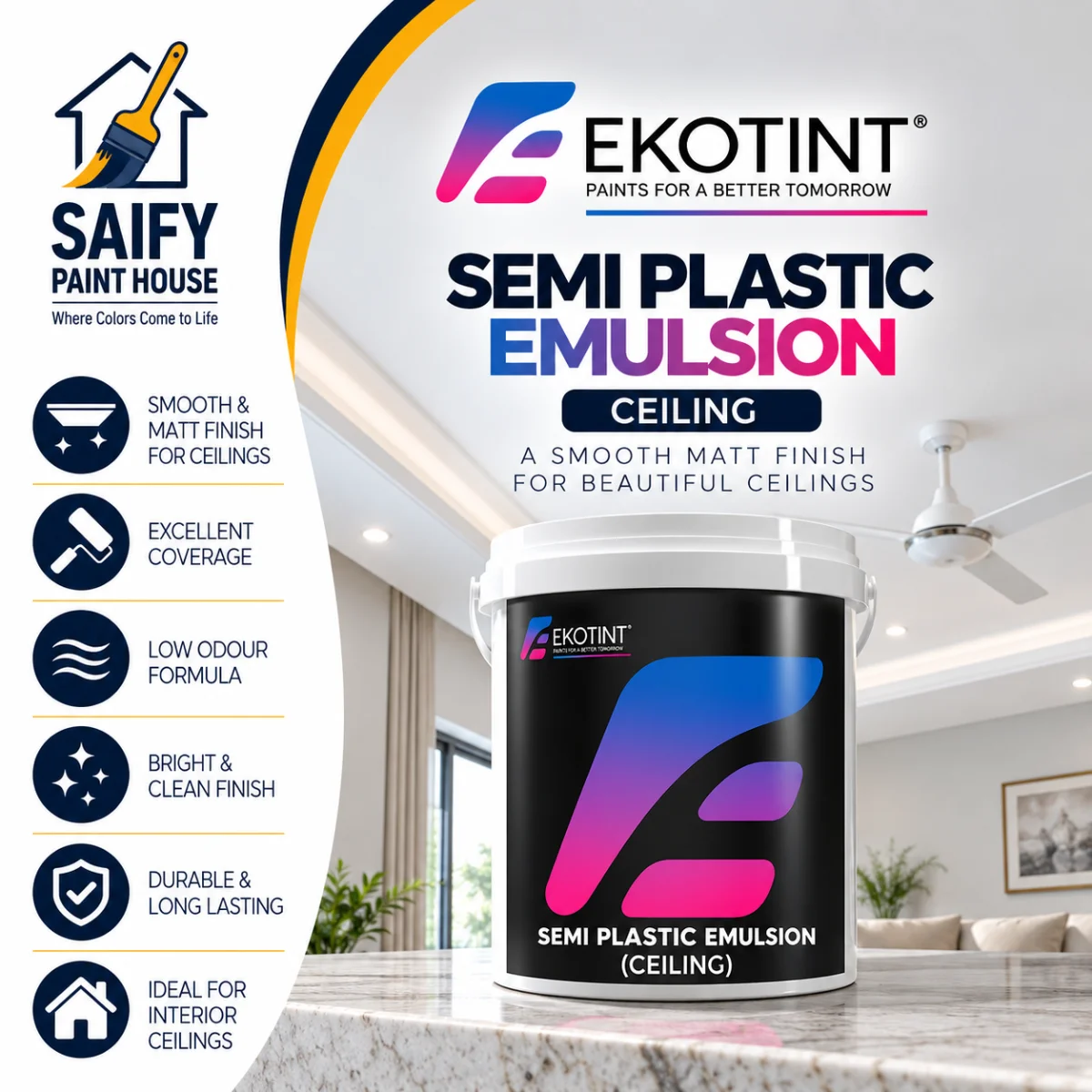 Ekotint Semi Plastic Emulsion Ceiling interior emulsion for ceilings — available at Saify Paint House Karachi