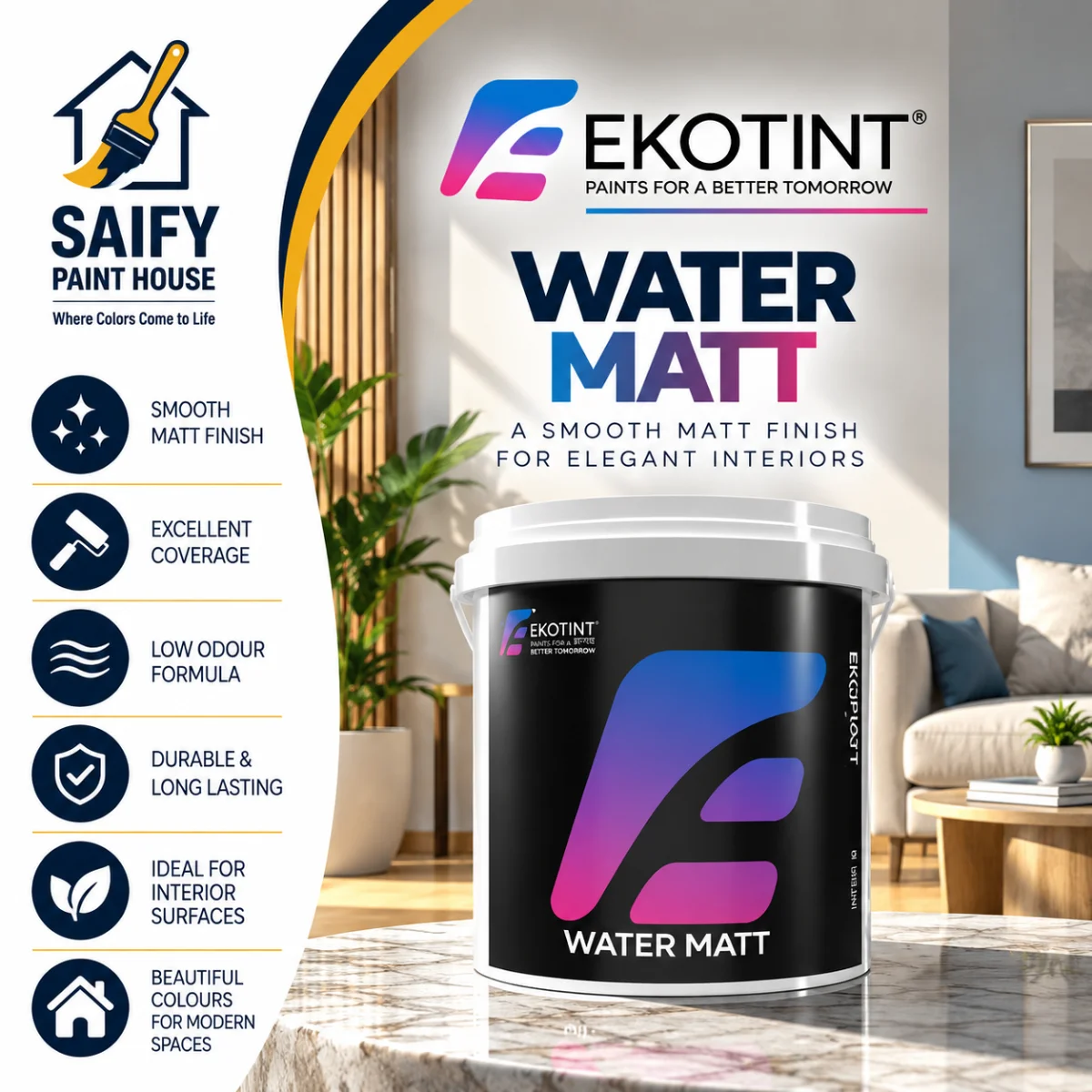Ekotint Water Matt interior matt paint — available at Saify Paint House Karachi